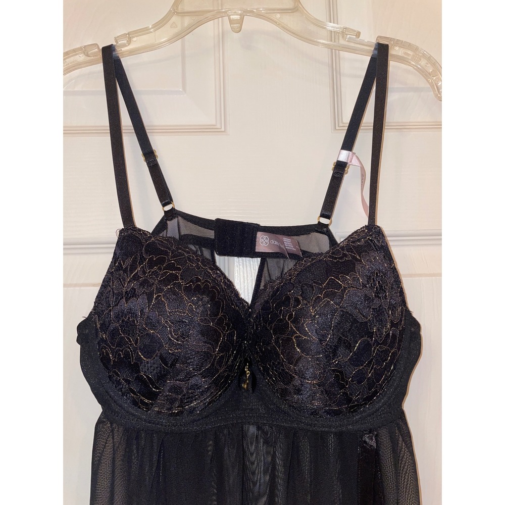 Daisy Fuentes Black Gold Lace Mesh Babydoll Chemise Lingerie DF2151 Large - Picture 3 of 6